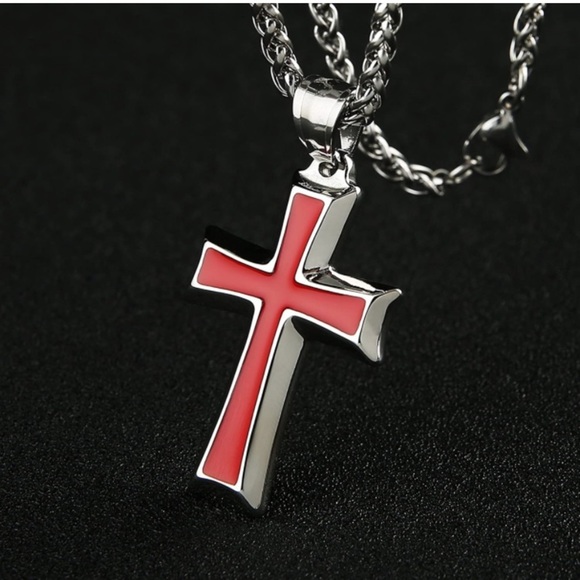 Silver & Red-Men's Stainless Steel Cross Pendant Necklace - Picture 2 of 4